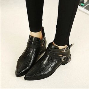 Black booties vegan crocodile skin